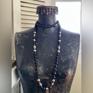 VTG 1990s Dauplaise Black & Silvertone Beads Long Rope Necklace 46"